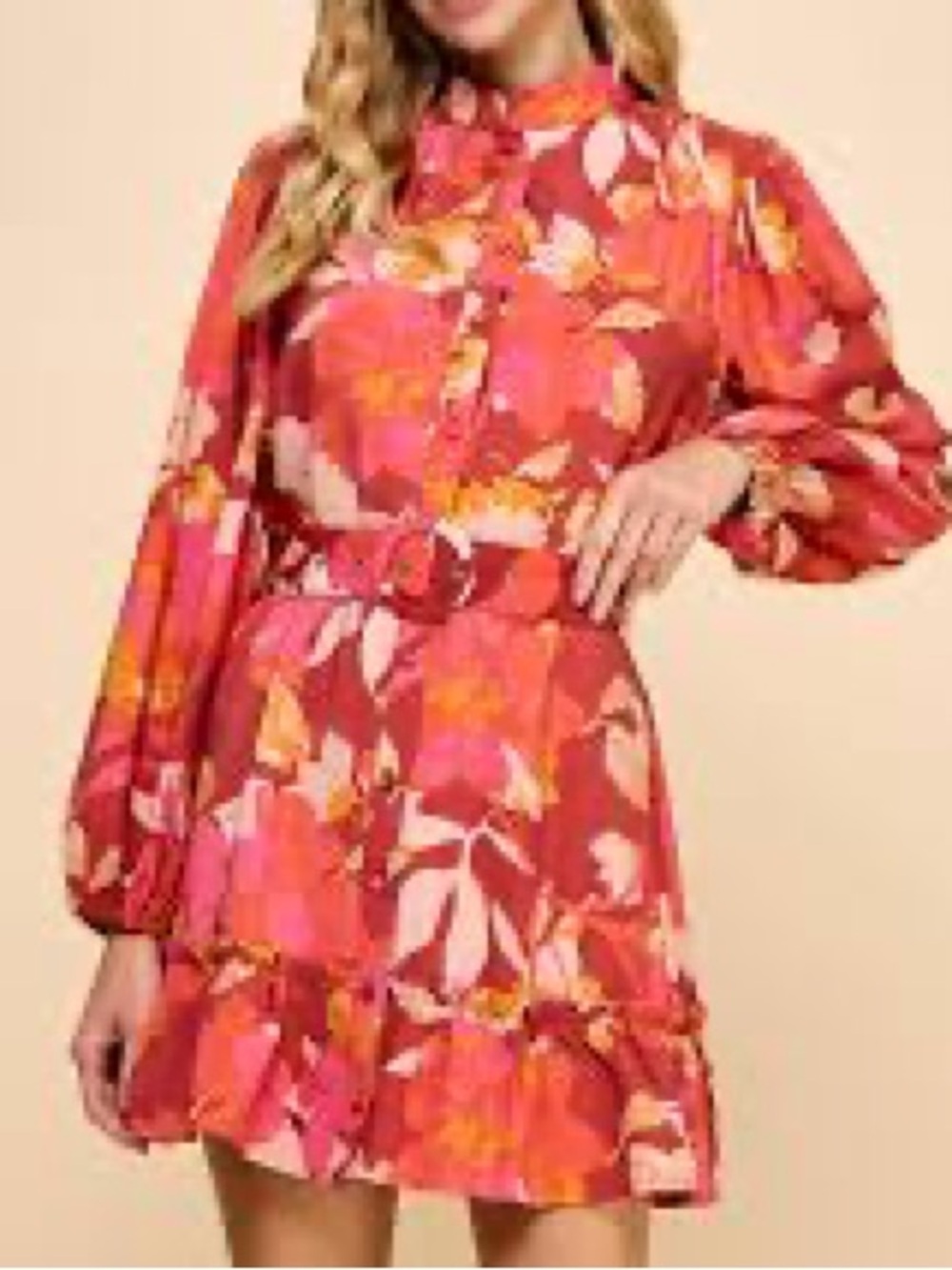 TCEC Women’s Burgundy Floral-Printed Long Sleeve Mini Boutique  Dress with Belt
